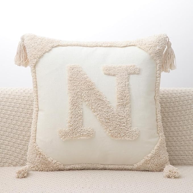 Monogram Pillow Covers with Tassels 18”x18” Modern Cotton Canvas Tufted Alphabet N Throw Pillow Covers for Sofa Couch Bed 26 English Letters Decorative Pillow Case for Sofa Throw Pillows