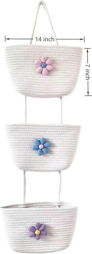 3 Tier Cotton Rope Hanging Wall Basket, Cute Flower Decor Wall Mounted Storage Organizer for Nursery, Bathroom, Kitchen, Kids Room, Boho Woven Hanging Shelf with 2 Hooks