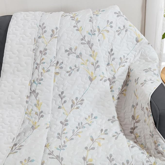 Exclusivo Mezcla 50"x 60" Quilted Throw Blanket- Microfiber Quilt Throw with Floral Pattern, Reversible White Versatile Lap Quilt for All Seasons, Lightweight Throws for Bed/Couch/Sofa