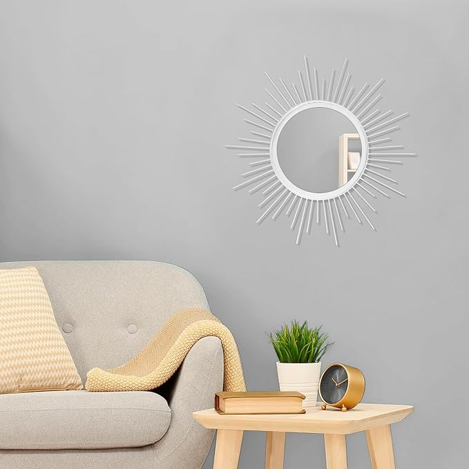 Sunburst Wall Mirror Spoked Home Circle Wall Art Mirror Classic Metal Modern Hanging Mirror, Decor Living Room Bathroom Bedroom Entryway Vanity Office Hallway Housewarming Large 16" White