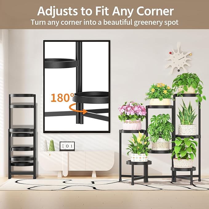 LASZOLA 7 Tiered Plant Stand Indoor Outdoor with Plastic Tray, Corner Folding Tall Flower Display Rack, Modern Plant Holder Shelf for Outdoor Patio Porch Garden Office Living Room, Black