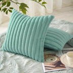 decorUhome Summer Cozy Faux Fur Throw Pillow Covers 22x22 Set of 2 Decorative Soft Plush Striped Modern Farmhouse Boho Couch Euro Sham Pillow Cases with Velvet Back for Sofa Bed Living Room, Aqua