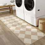 Beeiva Checkered Print Carpet Runners for Hallway 6ft, Beige Ultra Thin Washable Kitchen Runner Rug Non Slip, Moroccan Plaid Checkerboard Decor Faux Wool 2x6 Rug for Bedroom Bathroom Entryway