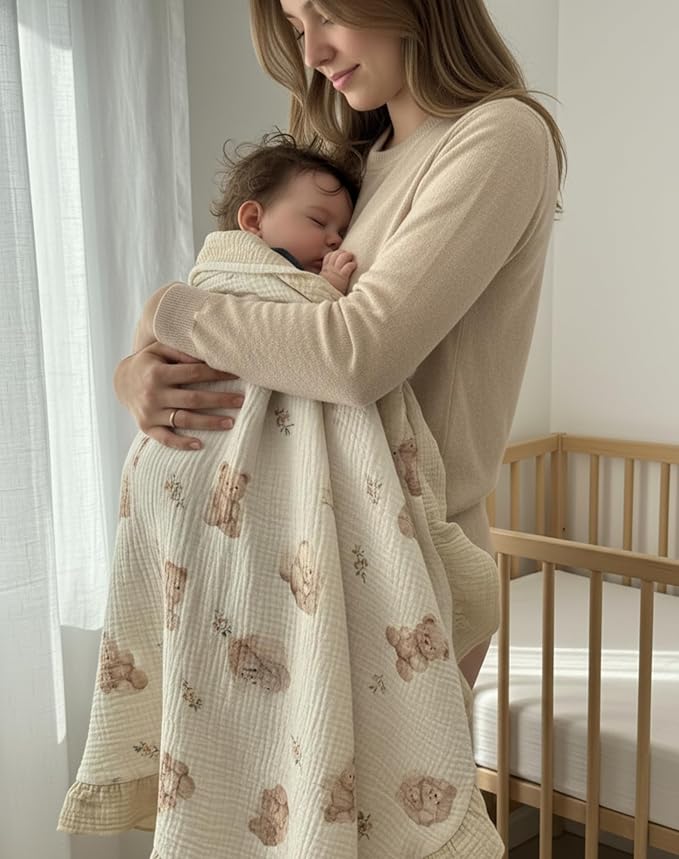 Muslin Ruffled Baby Blanket, Extra Large 52 x 52 Inches, Soft Breathable Cotton Crib Blanket for Newborn Infant Toddler (Leaf C & Sage, Printed)