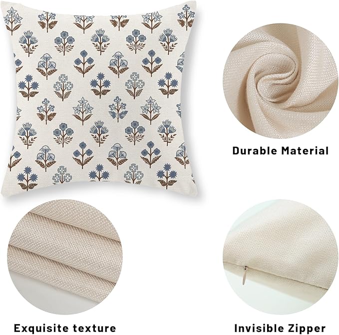 Brown Blue Pillow Covers 20x20 Inch Set of 2 Boho Block Print Floral Throw Pillows Vintage Flower Decorative Pillow Cases Outdoor Linen Farmhouse Cushion Cover for Couch Sofa Bed Decor