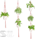 XXXFLOWER 3 Pack Macrame Plant Hanger Indoor Set with Hooks Handmade Woven Cotton Rope Flower Pot Crochet Plant Holder Stand Boho Plant Decor Hanging Planter Baskets Set of 3 with Beads Pink