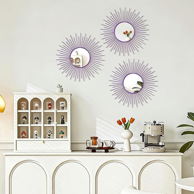 3 Pack Metal Mirrors for Wall Sunburst Wall Mirrors Home Décor Decorative Hanging Wall Art for Living Room Bedroom Entryway (Purple, Sunburst)