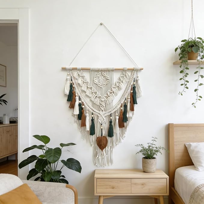 lokeisna Macrame Wall Hanging, Woven Tapestry Beige & Dusty Rose Handmade Craft Macrame Wall Decor, Gallery & Nursery, Size 37.4” Lx27.5” W Brown Green
