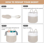 ShellKingdom Laundry Basket, Large Natural Rope Woven Storage Basket with Handles for Home, Living Room, Laundry, Storage Organizer for Blankets, Clothes, Toys, 19.7 x 14.96 INCH (2-Toned White Khaki)