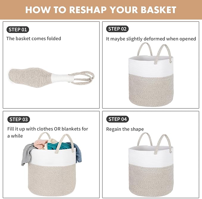 ShellKingdom Laundry Basket, Large Natural Rope Woven Storage Basket with Handles for Home, Living Room, Laundry, Storage Organizer for Blankets, Clothes, Toys, 19.7 x 14.96 INCH (2-Toned White Khaki)