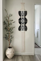 Flber Macrame Wall Hanging black and white Boho Wall Decor Art Living room wall art Round Handmade Geometric Lines Home Décor 11.8W x 65L