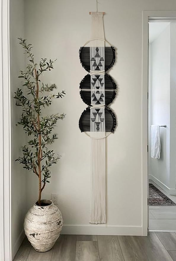 Flber Macrame Wall Hanging black and white Boho Wall Decor Art Living room wall art Round Handmade Geometric Lines Home Décor 11.8W x 65L