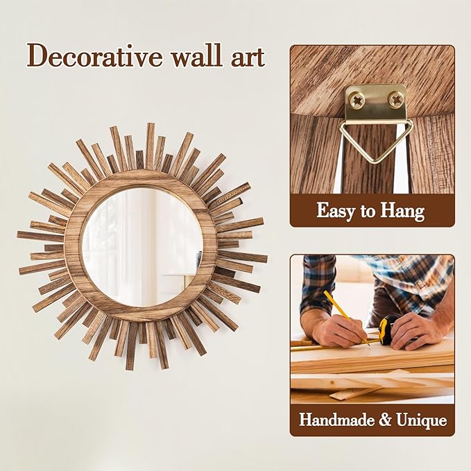 12 Inch Boho Sunburst Mirror, Round Wooden Wall Decor Starburst Sun Mirror for Bedroom, Living Room, Bathroom, Hallway, Balcony, Farmhouse Entryway, Housewarming Gift