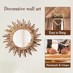 12 Inch Boho Sunburst Mirror, Round Wooden Wall Decor Starburst Sun Mirror for Bedroom, Living Room, Bathroom, Hallway, Balcony, Farmhouse Entryway, Housewarming Gift