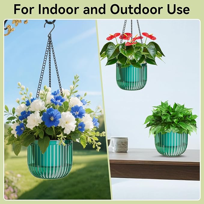 ZeeDix 3 Pack-6.5 Inch Hanging Planters for Indoor Plants, Self Watering Hanging Plant Pots with 3 Hooks and Drainage for Home, Wall, Window Decor Outdoor Use (Green, 6.5 inch)