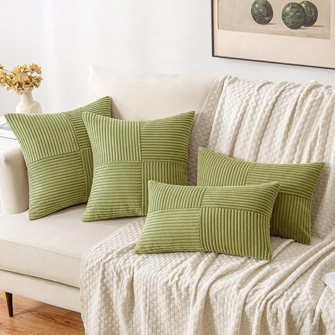 MIULEE Green Decorative Throw Pillow Covers 18x18 Inch for Couch Bed Sofa Spring Decor Pack of 2 Boho Farmhouse Throw Pillows Soft Cross Corduroy Patchwork Textured Cushion Cases