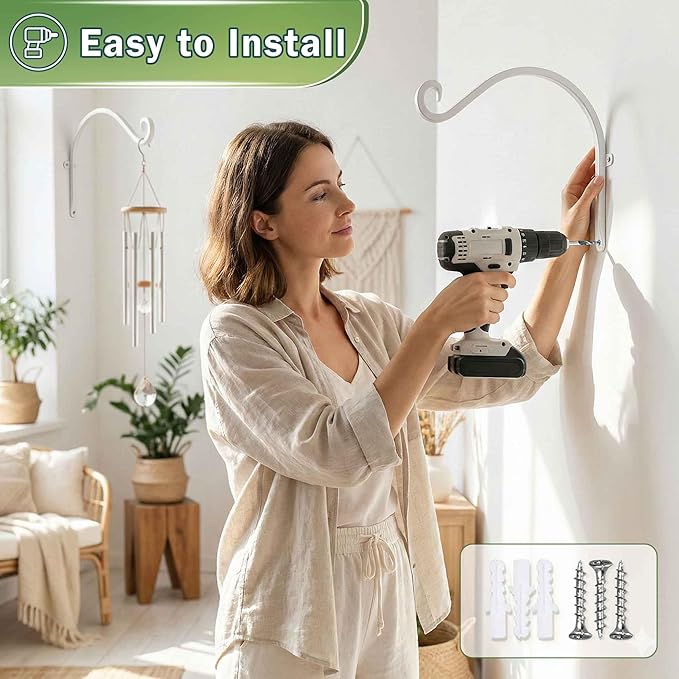 Hanging Plant Brackets Outdoor: 50lbs Weight Capacity - Hanging Plant Hangers Wall Hooks 2 Packs, 12-Inch Wall Mount Brackets for Bird Feeder, Flower Baskets, White