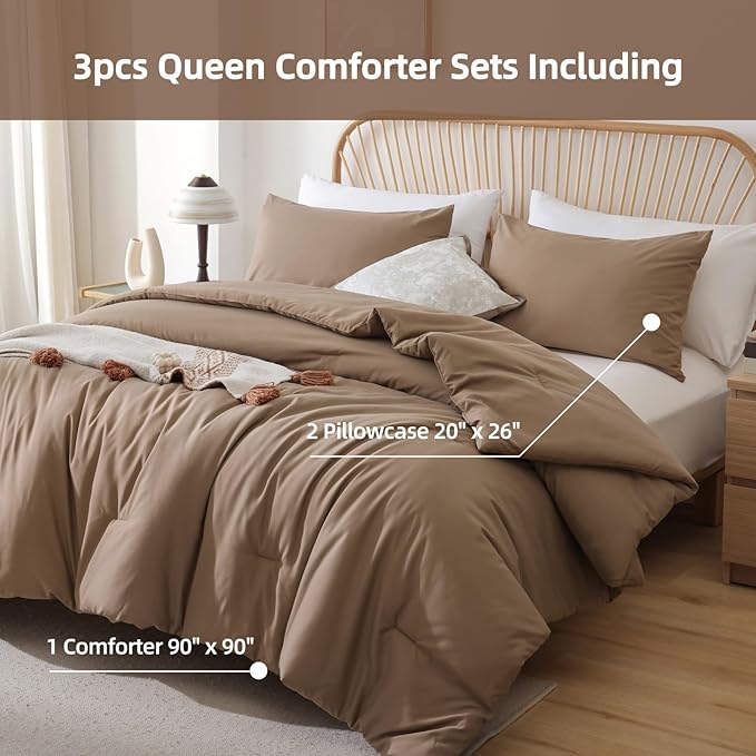 ROSGONIA Oversized King Comforter 120x120, 3pcs Super King Comforter (1 Dark Khaki Comforter & 2 Pillowcases) Lightweight Warm Bedding Blanket Quilt
