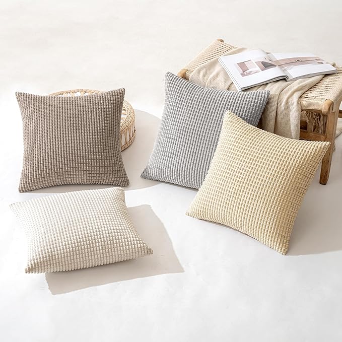 MIULEE Neutral Harmony Decorative Pillow Covers 18x18 Inch Set of 4 Rustic Farmhouse Boho Soft Throw Pillows Corduroy Couch Pillowcases Nordic Home Decor for Sofa Living Room Bed