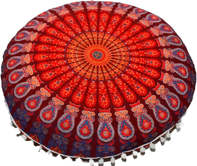 CRAFT KALA Round Mandala Floor Pillow Cover for Adults - Large Meditation Cushion Cover - Premium Outdoor Floor Pouf Cover Seat - Yoga Pillows Cover for Sitting On Floor 32" Maroon Mirchi