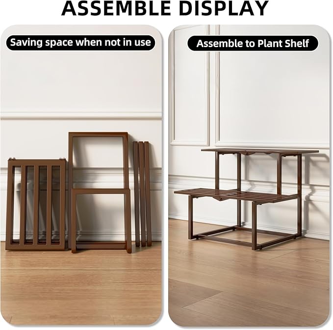 Plant Stand Indoor Outdoor, Foldable Metal Plant Shelf for Multiple Pots, Mid Century Slatted Bench for Patio Garden, Heavy Duty Capacity 330 lbs 2 Tier Coffee