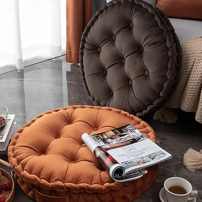 Round Floor Seat Pillows Cushions 24" x 24", Soft Thicken Yoga Meditation Cushion Tufted Velvet Tatami Floor Pillow Reading Cushion Chair Pad Casual Seating with Carrying Handle, Olive