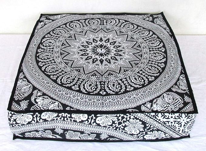 CRAFT KALA Mandala Floor Pillow Cushion Cover Seating Throw Cover Hippie Decorative Bohemian Ottoman Poufs Pom Pillow Cases Boho Indian Cotton Living Room Yoga Home Décor 24" Square Black and Elephant