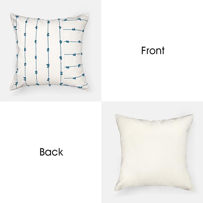 AELS 18x18 Decorative Boho Linen Throw Pillow Covers, Modern Farmhouse Textured Pillow Case, Set of 2, Tufted Stitch Stripe Cushion Cover for Bed Sofa Couch Living Room (Cover ONLY), Blue