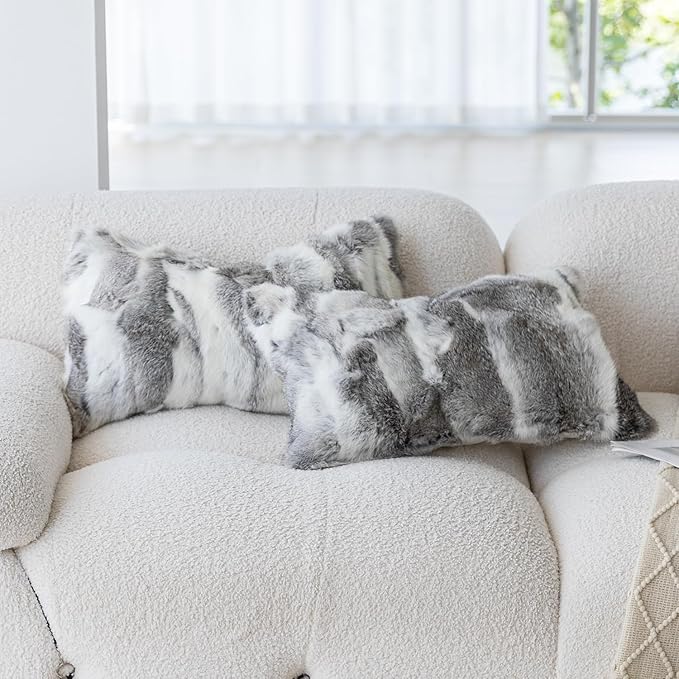 MOOX Rabbit Fur Throw Pillow Covers Decorative Fluffy Soft Fuzzy Plush Luxury Genuine Animal Skin Lumbar Pillow 12"x20" Cushion Cover, Couch-Grey White
