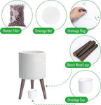 D'vine Dev 10 Inch Modern Geometric Tile Patterned Sleek Planter Pot with Stand, Indoor Outdoor Decorative Plant Holder, Matte White, 88-Z-B-1