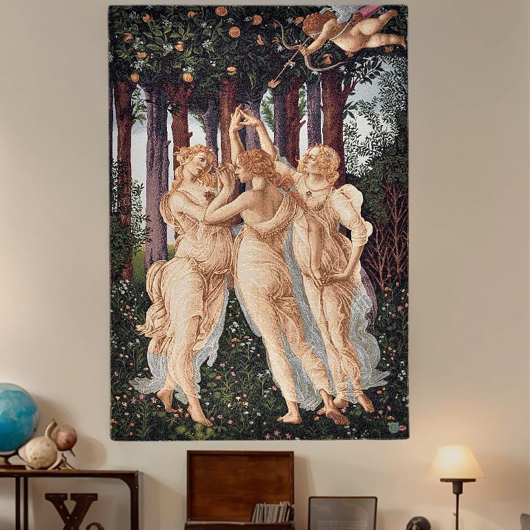 AureoMadis Jacquard Woven Tapestry Wall Hanging, Botticelli Three Graces (Primavera), Vintage Renaissance Medieval Home Decor, 28.5x42 inch, Fully Lined with Dual Rod Pockets (Yellow：Three Graces-with lining) - color: Yellow：Three Graces-with lining