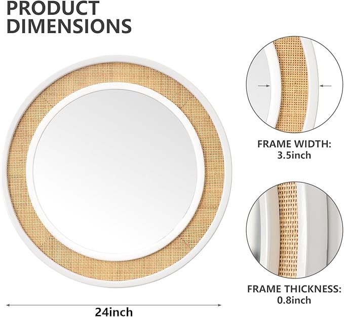 Round Rattan Mirror, 24" Circle Wall Mirror, Farmhouse Wooden Vanity Mirror with Handmade Wicker Frame, Decorative Boho Mirror for Nursery Bedroom Living Room Entryway White