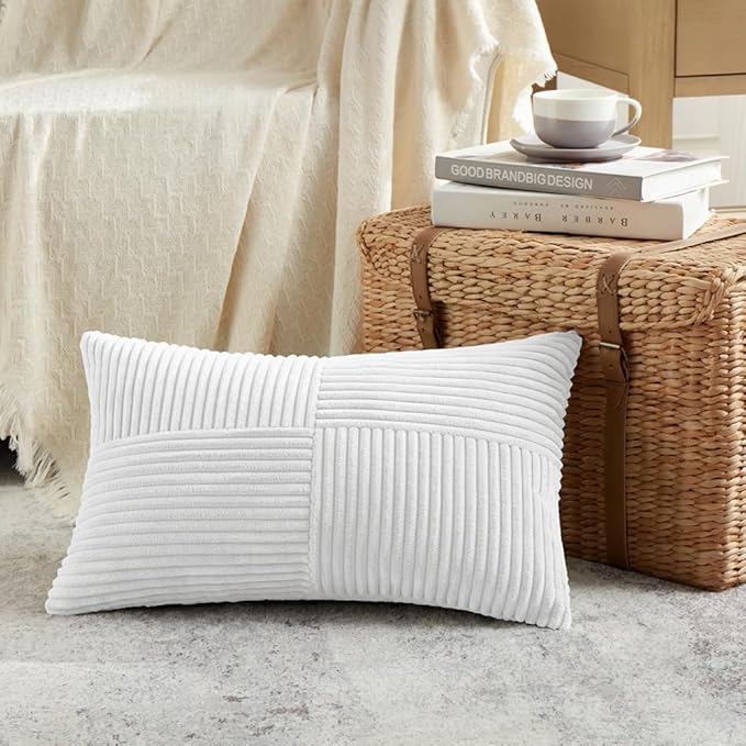 Fancy Homi 2 Packs White Long Lumbar Decorative Throw Pillow Covers 16x24 Inch for Couch Bed Sofa, Rustic Farmhouse Boho Home Decor, Soft Striped Corduroy Rectangle Accent Cushion Case 40x60 cm