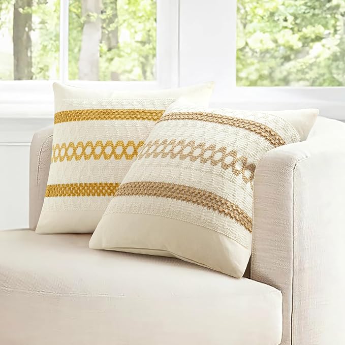 MIULEE Set of 2 Mustard Yellow Boho Decorative Pillow Covers 16x16 Inch Farmhouse Rustic Couch Throw Pillows Modern Cotton Cushion Covers Retro Cute Macrame Woven Spring Home Decor for Bed Sofa Chair