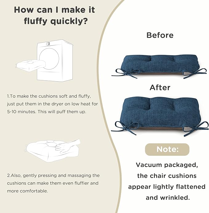 AddGrace Chair Cushions for Dining Chairs Set of 2 Kitchen Seat Cushions with Ties and Non Slip Backing Tufted Indoor Seat Pad for Kitchen Dining Room 18" x 17" x 3" Navy