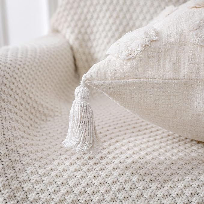 PANOD Super Soft Farmhouse Decorative Plush Throw Pillow Covers 24 x 24 White,Solid Pom pom Tufted with Tassels Modern Accent Boho Square Cushion Cover Pillow Case for Couch Sofa