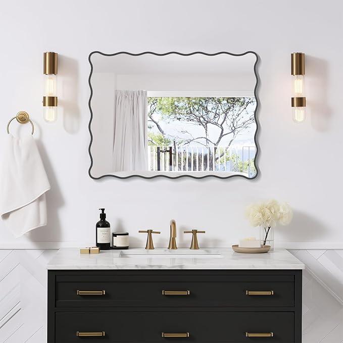 Black Wavy Mirror Whit Wood Frame, 18" x 24" Small Rectangle Boho Mirror for Nursery Wall Decor, Bathroom Vanity, Bedroom, Living Room, Entryway
