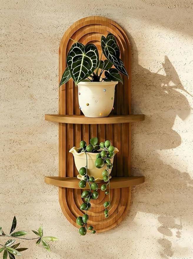 Bamworld Boho Wall Decor Brown Plant Wall Shelf Mid Century Modern Decor Hanging Plant Shelf 16.7in 2 Tier Wooden Floating Shelves for Home Bathroom Bedroom Living Room Office Holding Planter