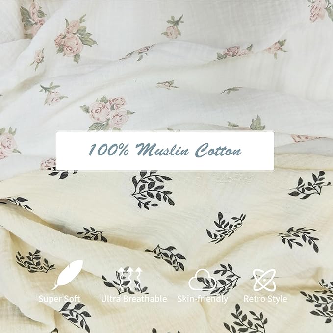 insular Cotton Muslin Baby Blanket with Tassel, Boho Bohemian Muslin Swaddle Blanket Baby Receiving Blanket with Fringe, Nursery Decor Throw or Nursing Blankets, 47" x40”, Black Leaf