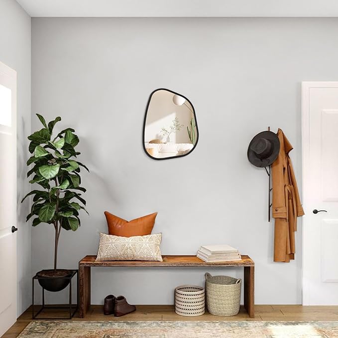 Irregular Wall Mirror Asymmetrical White Mirror Modern Wood Frame Unique Shape Wall Mounted Vanity Artistic Mirror Decor for Living Room Bedroom Bathroom Entryway Hallway 14"x10"