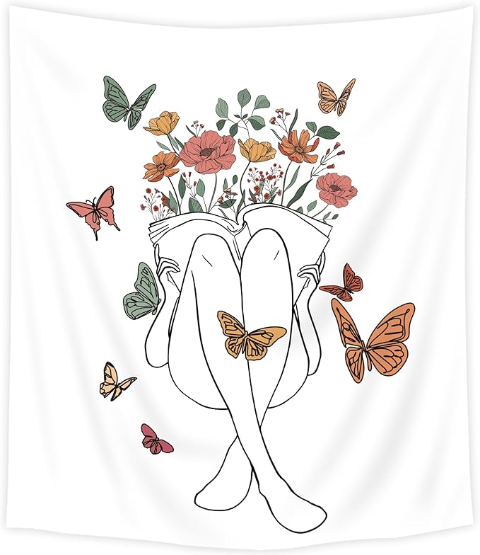SVBright Abstract Woman Fabric Wall Hanging Tapestry 51Wx59H Inch Butterfly Floral Reading Book Leaves Aesthetic Modern Simple Line Sketch Minimalist Boho Home Decor Art for Living Room Bedroom Dorm