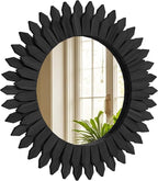 24 Inch Black Boho Wall Decor Sunburst Mirror - Round Wooden Wall Decor, Handmade Rustic Circular Mirror for Living Room, Bedroom, Entryway, Office