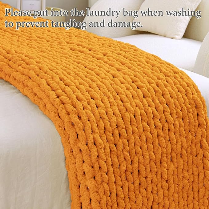 Admitrack Chunky Knit Blanket Throw, 100% Hand Knit Chenille Throw Blanket for Sofa & Home Decor, Soft and Cozy Knitted Throw Blankets (Orange, 51"x63")