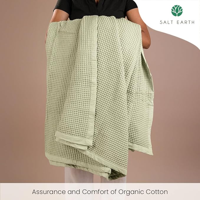 Salt Earth GOTS Certified 100% Organic Cotton Throw Blanket, 60"x80" Waffle Blankets & Throws for Bed, Throw Blanket for Couch, Cozy Christmas Blankets and Throws for Christmas Gifts (Sea Foam)