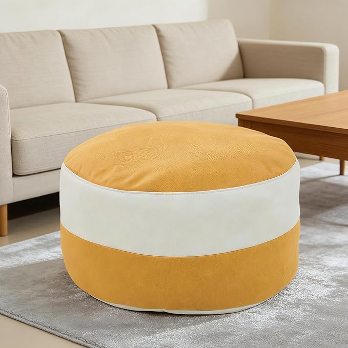 Louis Donné Outdoor Pouf Ottoman Cover (Unfilled), Waterproof Round Footstool & Bean Bag Chair, Multi-Function Stuffed Storage Solution, Yellow & White Boho Foot Rest for Patio Garden, Living Room