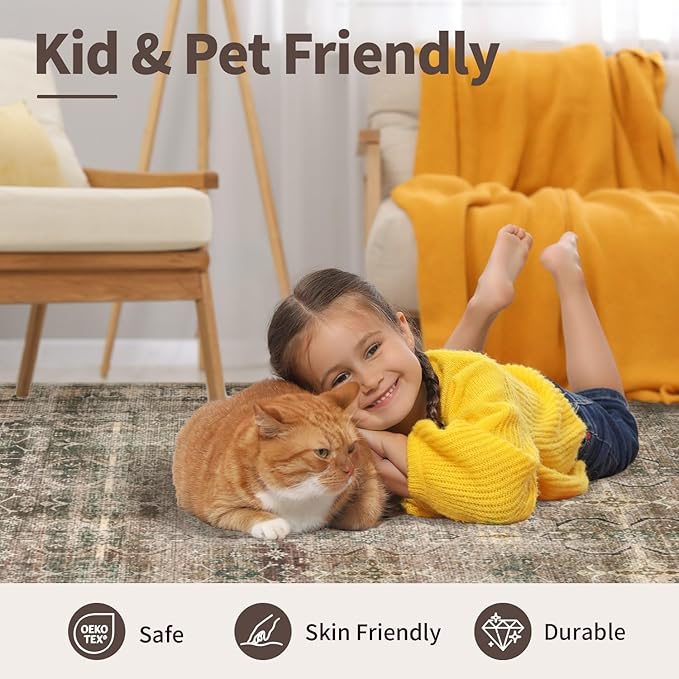 Brown 5x7 Area Rugs for Living Room Bedroom, Large Washable Rug, Vintage Retro Boho Rug, Non Slip & Low Pile Faux Wool Thin Carpet for Indoor Dining Room and Kids Room(Charcoal/Olive 5x7ft)