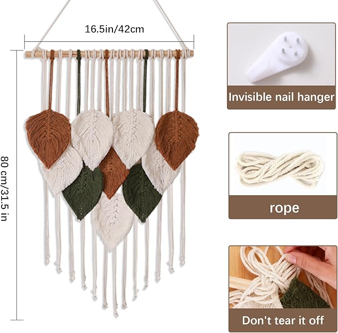 Tiaforza Macrame Wall Hanging Decor Art, Handmade Leaf Feather Woven Boho Wall Tapestry, Ideal Decor for Apartment, Bedroom, Living Room, Office, and Dining Area, Size 16.5"x29.5"