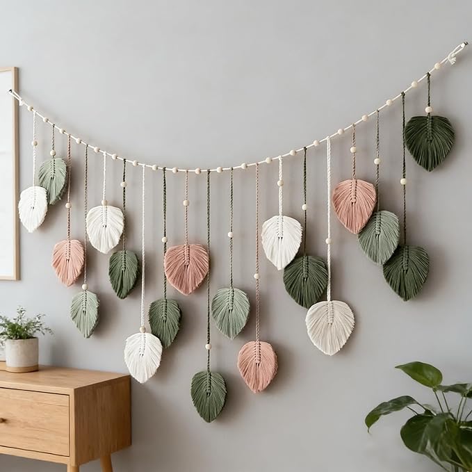 Macrame Leaves Wall Hanging 57x29.5Inch Large Chic Feather Boho Macrame Wall Decor Leaf Hanging Photo Display Handmade Woven Wall Art 19pcs Leaf Tapestry - Pink Green (Pink Green - 57*29.5in)