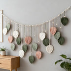 Macrame Leaves Wall Hanging 57x29.5Inch Large Chic Feather Boho Macrame Wall Decor Leaf Hanging Photo Display Handmade Woven Wall Art 19pcs Leaf Tapestry - Pink Green (Pink Green - 57*29.5in)