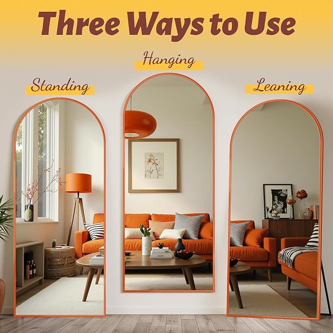 Antok 58" x18” Arched Full Length Floor Mirror, Orange Aluminum Frame, Free Standing/Wall Mount/Leaning for Bedroom, Living Room, Dressing Room
